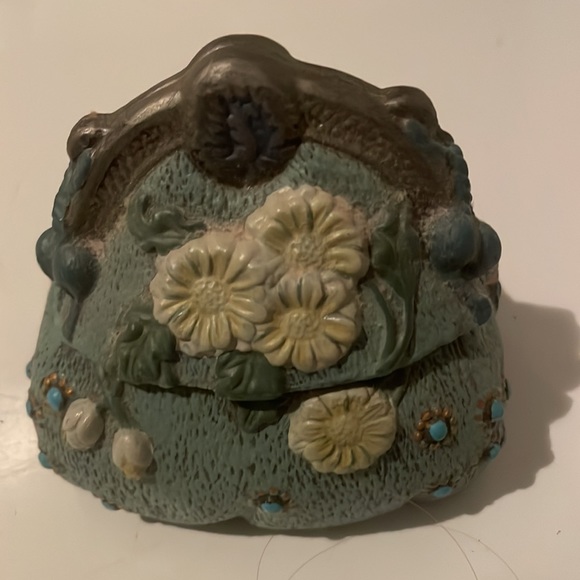 Vintage 1970s trinket box lid purse floral ceramic case blue turquoise organizer - Picture 3 of 6